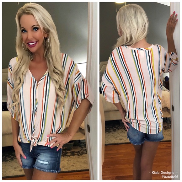 🛍LAST 3! Blush Tie Front Striped Top! - Picture 6 of 8